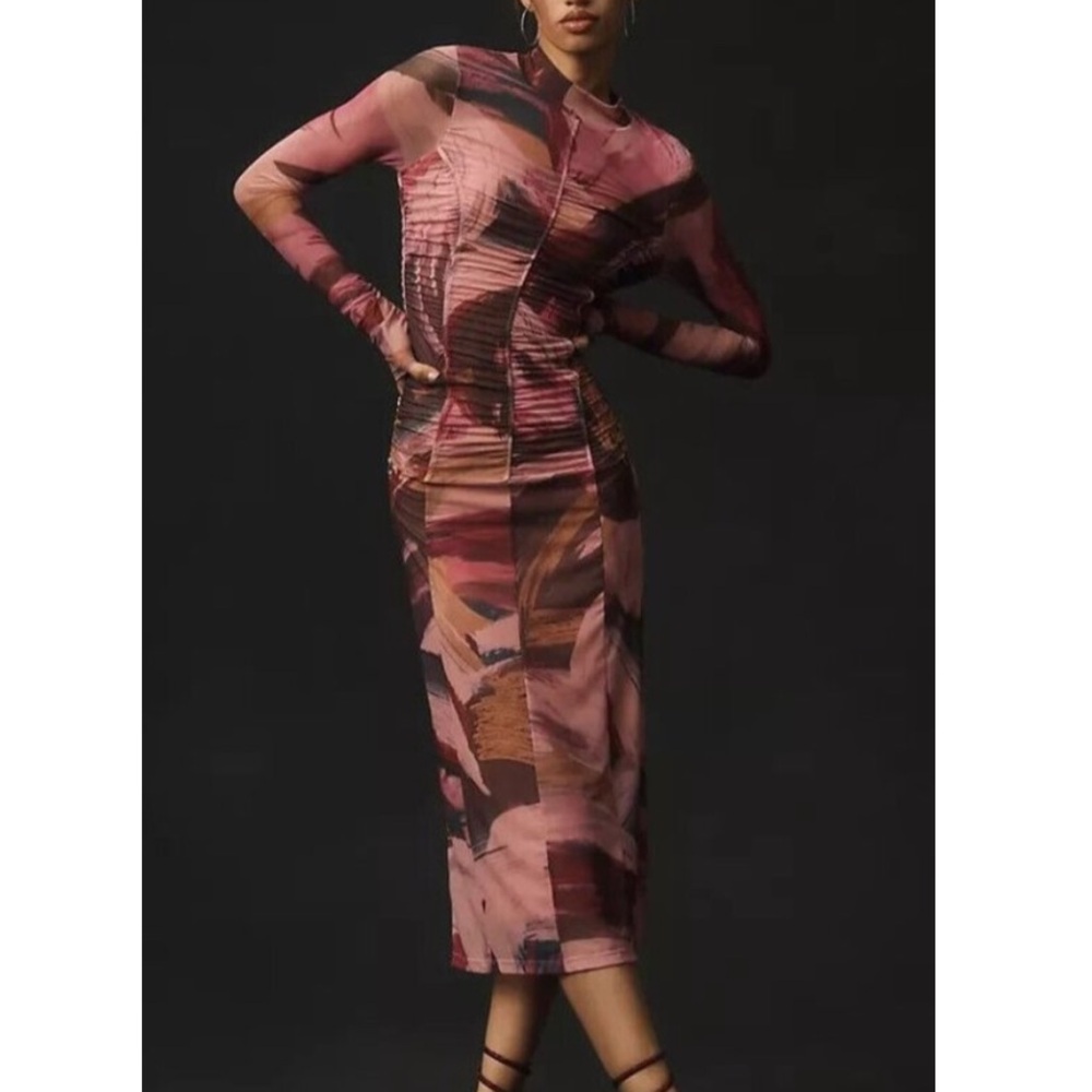 Anthropologie Long-Sleeve Printed Mesh Midi Dress Size Small
